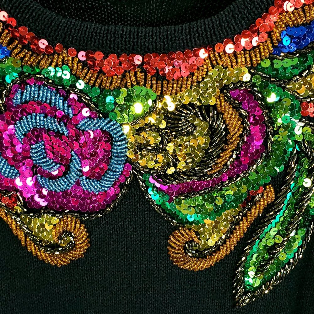 Vtg Lindsey Blake Sweater Women's S Black Multicolor Sequins Beads Wearable Art - Picture 6 of 11